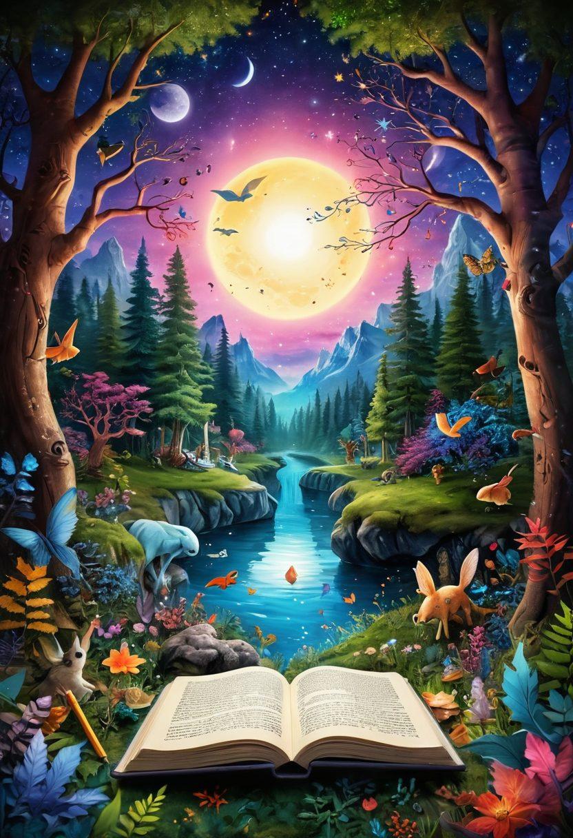 A whimsical scene depicting a vibrant, open notebook with swirling pages filled with colorful illustrations of fantasy worlds, characters, and creatures coming to life. Surrounding the notebook are art supplies like pencils and paintbrushes, with a backdrop of a magical forest and twinkling stars to inspire creativity. The scene radiates a sense of adventure and imagination, encouraging storytelling. vibrant colors. fantasy art. 3D.