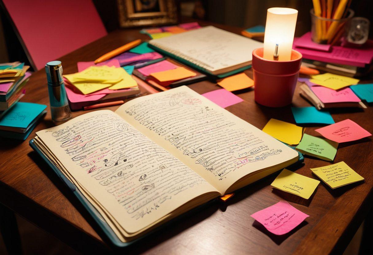 An inviting writing desk with an open notebook filled with passionate fan story notes, surrounded by colorful sticky notes and vibrant pen doodles. In the background, a diverse group of excited fans immersed in reading different genres, showcasing their shared enthusiasm. The atmosphere should be warm and engaging, inspiring creativity and connection between readers. super-realistic. vibrant colors. cozy ambiance.