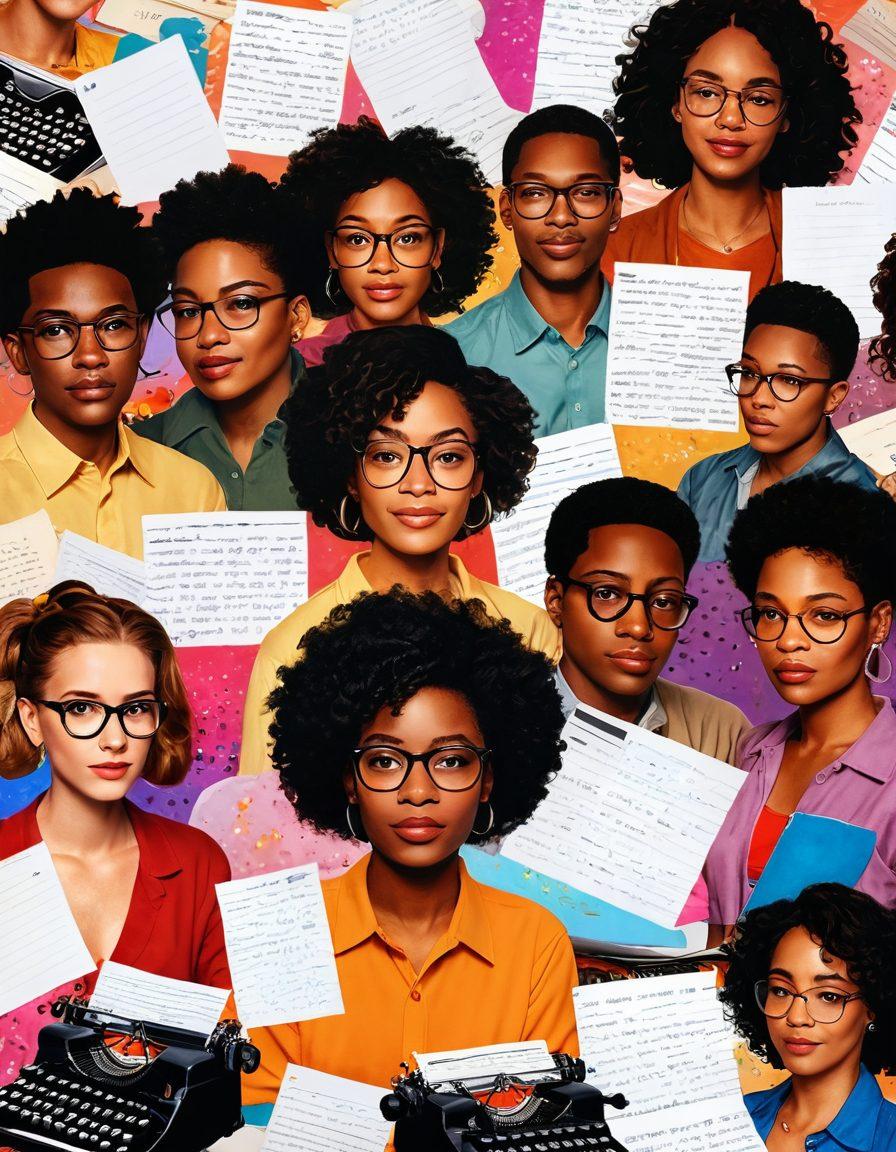 A collage of diverse characters emerging from a writer's notebook, each showcasing distinct personalities and traits, surrounded by vibrant thought bubbles filled with emotions and dreams. The backdrop features a cozy writing space with a typewriter and scattered pages, embodying creativity and inspiration. super-realistic. vibrant colors. warm lighting.